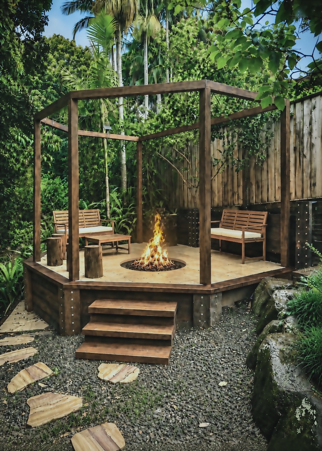 Hexagon firepit deck surrounded by rainforest