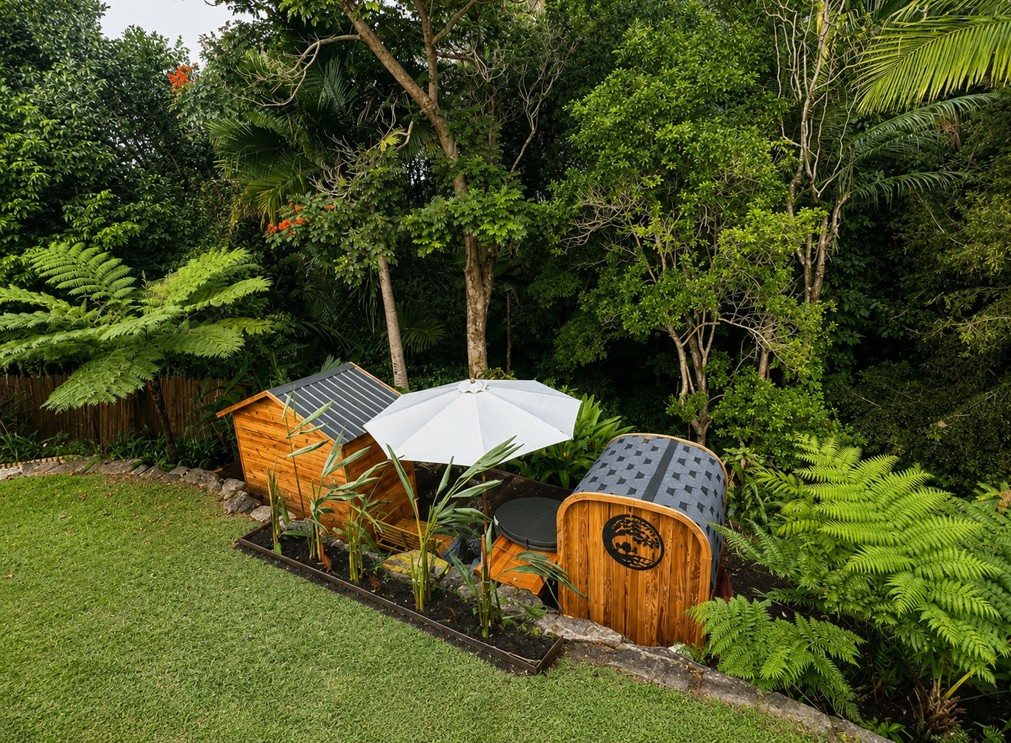 Zen Zone sauna and cold plunge in tropical garden