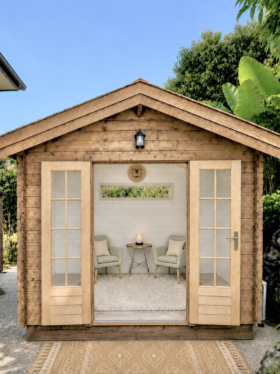 Cabin exterior with open French doors