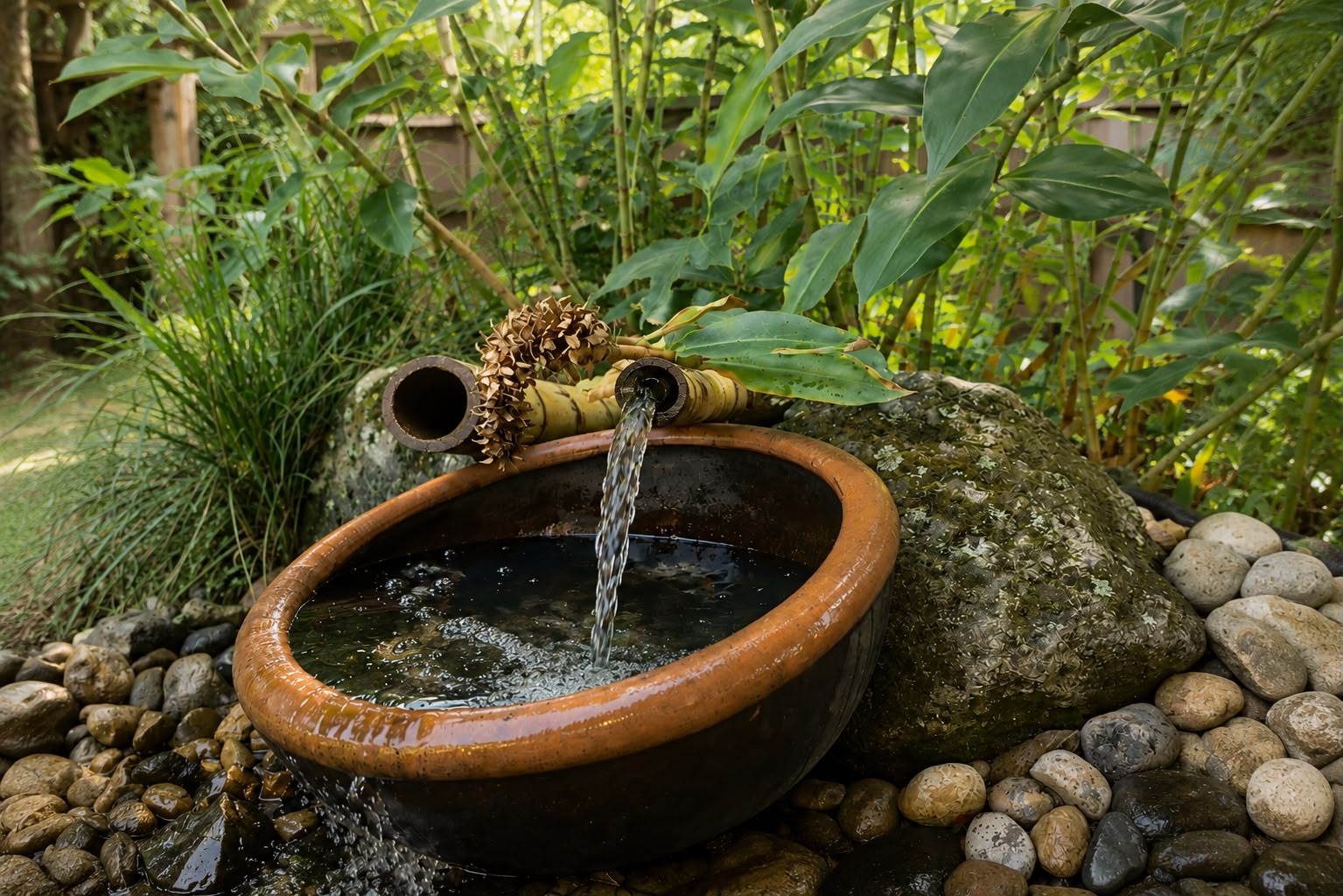 Bamboo water feature spilling into ceramic bowl among stones