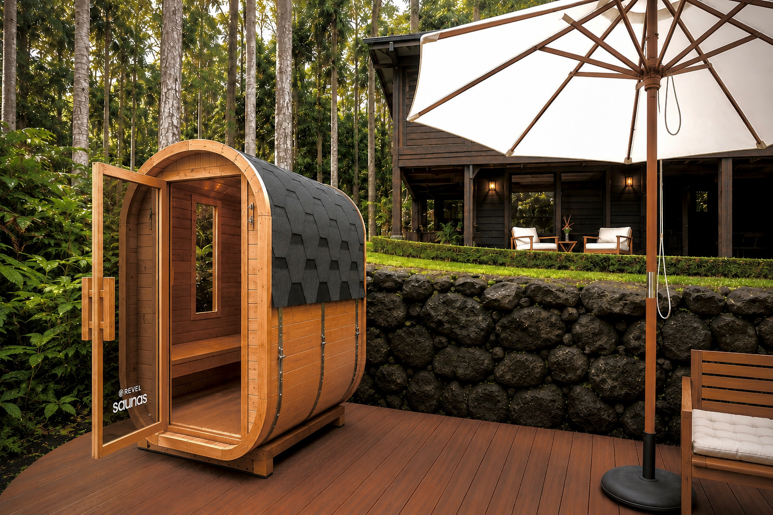 Zen Zone cedar sauna on deck surrounded by rainforest