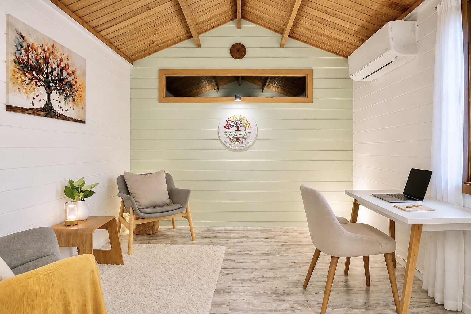 Cabin workspace with desk and lounge chairs
