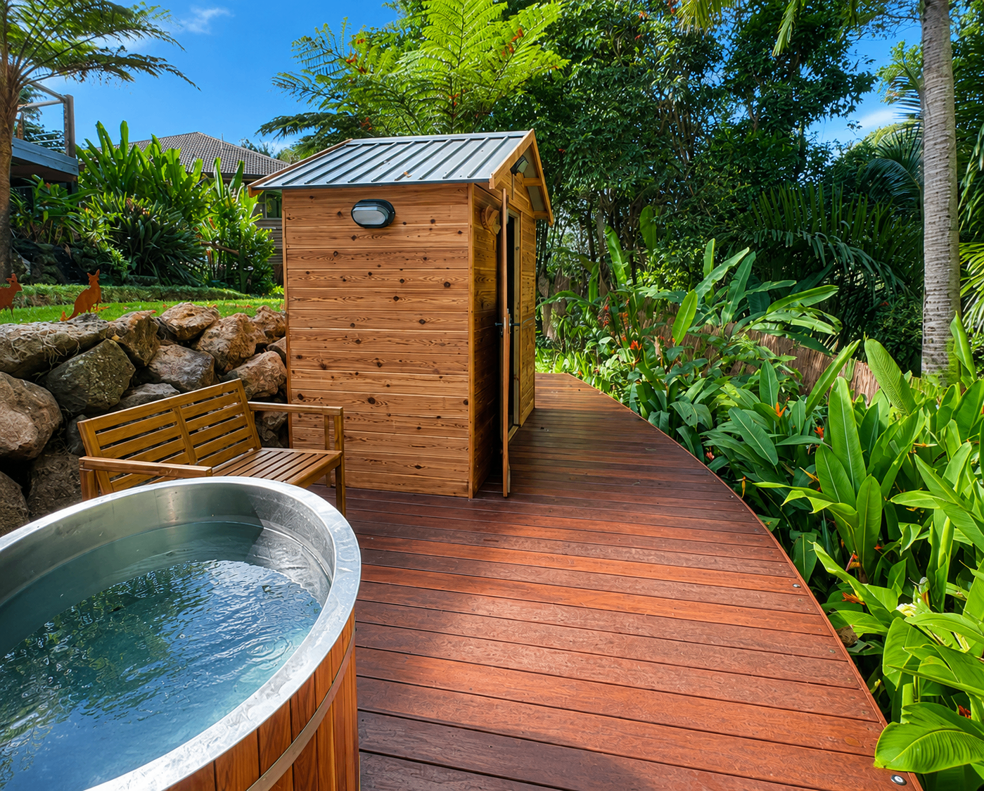 Zen Zone private shower cabin and cold plunge on deck