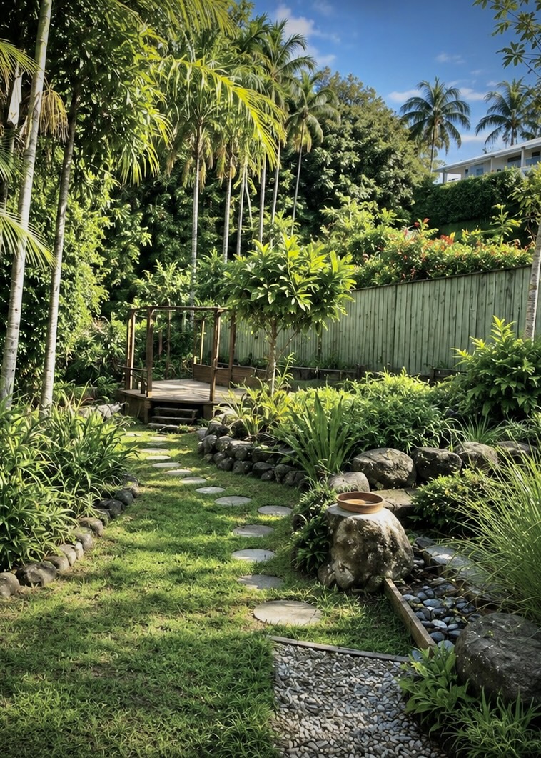 Stone pathway through lush garden to zen deck