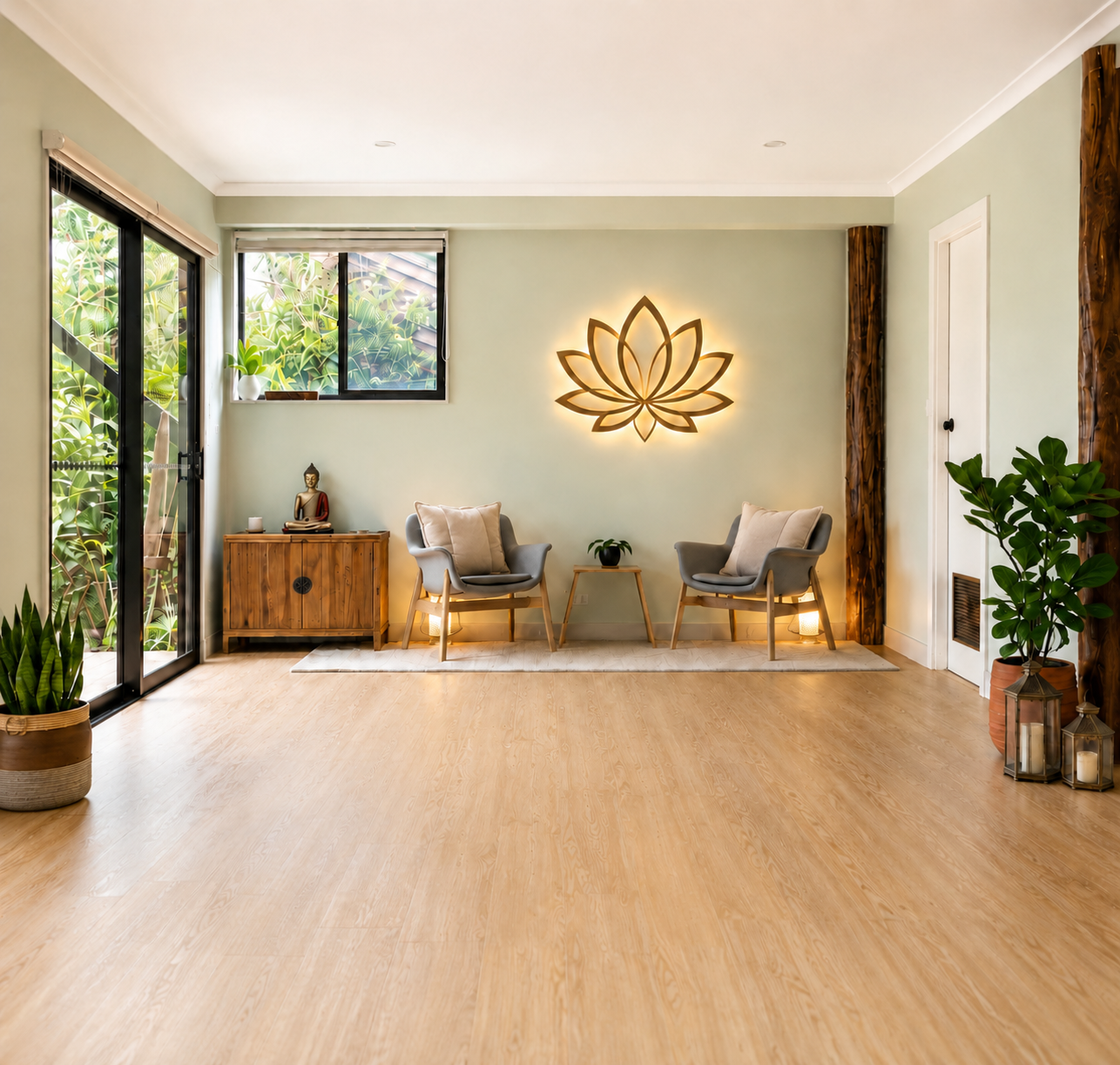 Sanctuary yoga space with lotus wall art